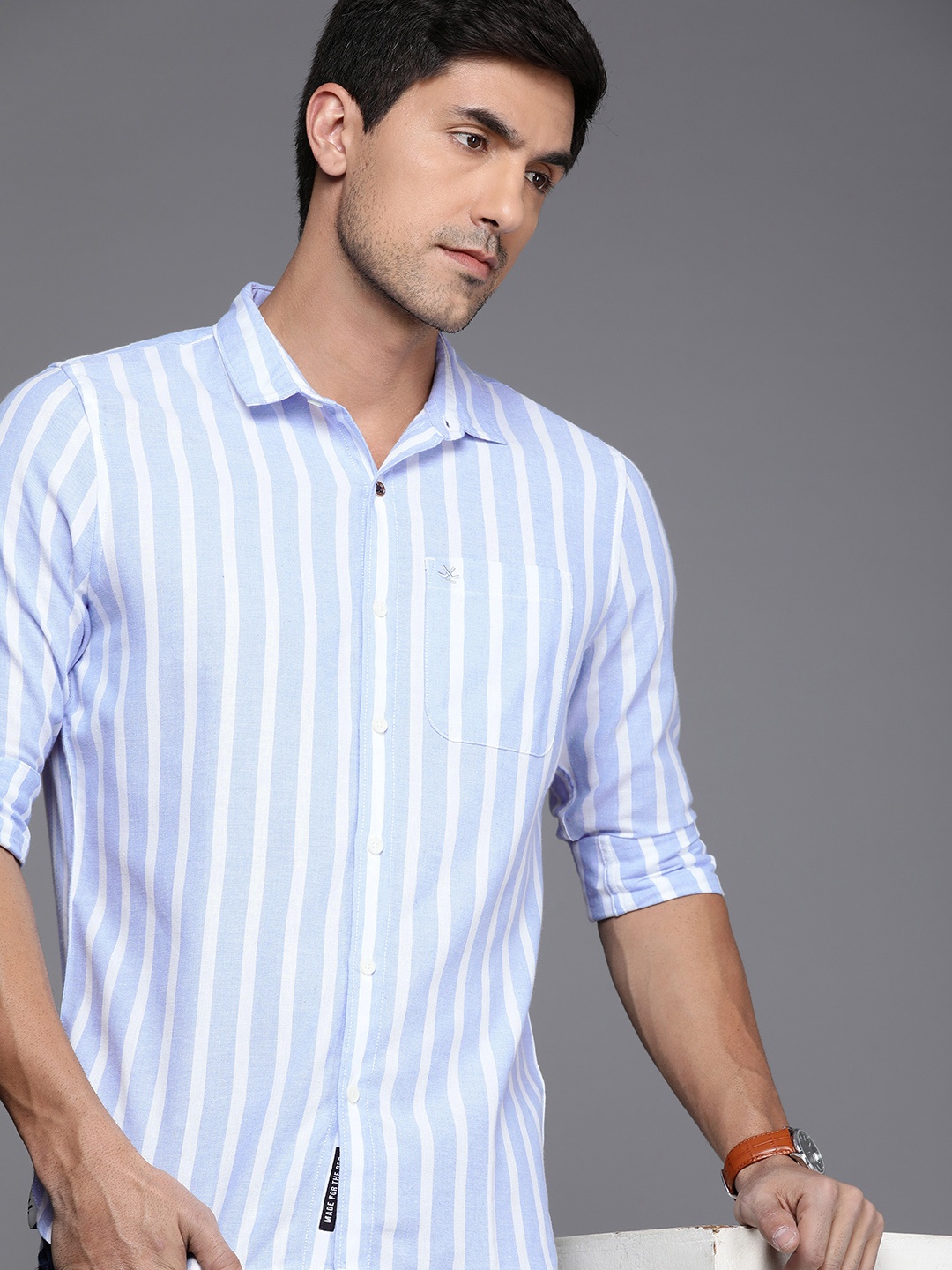 

WROGN Men Slim Fit Striped Casual Shirt, Blue