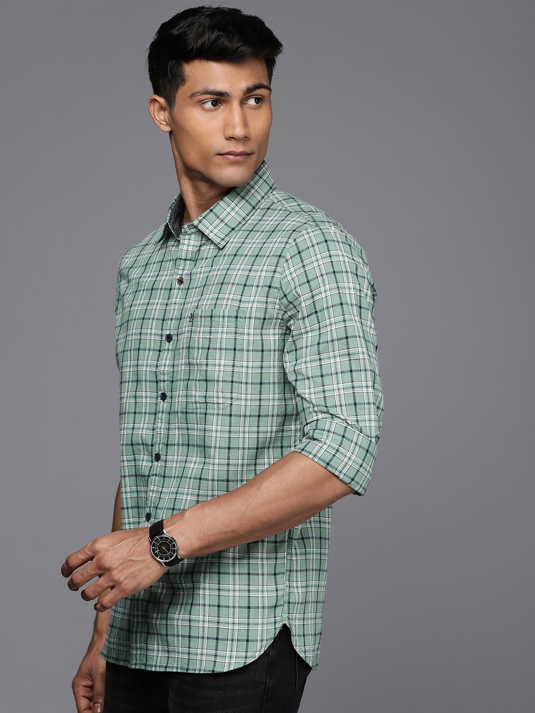 

WROGN Men Tartan Checked Slim Fit Pure Cotton Casual Shirt, Green