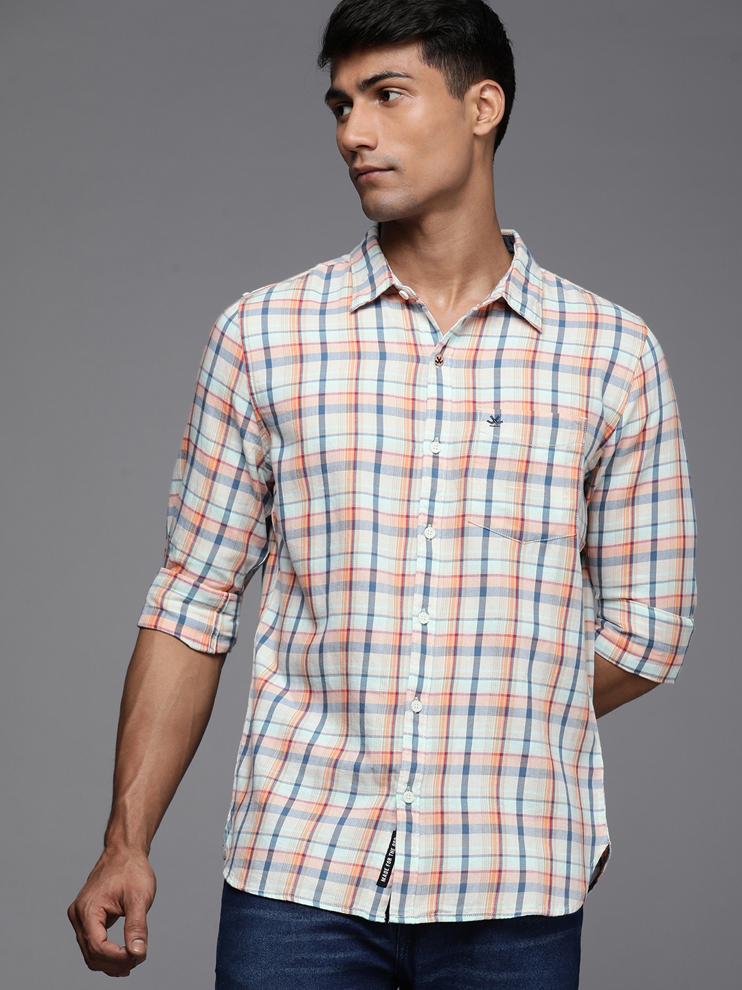 

WROGN Men Tartan Checked Pure Cotton Casual Shirt, Orange