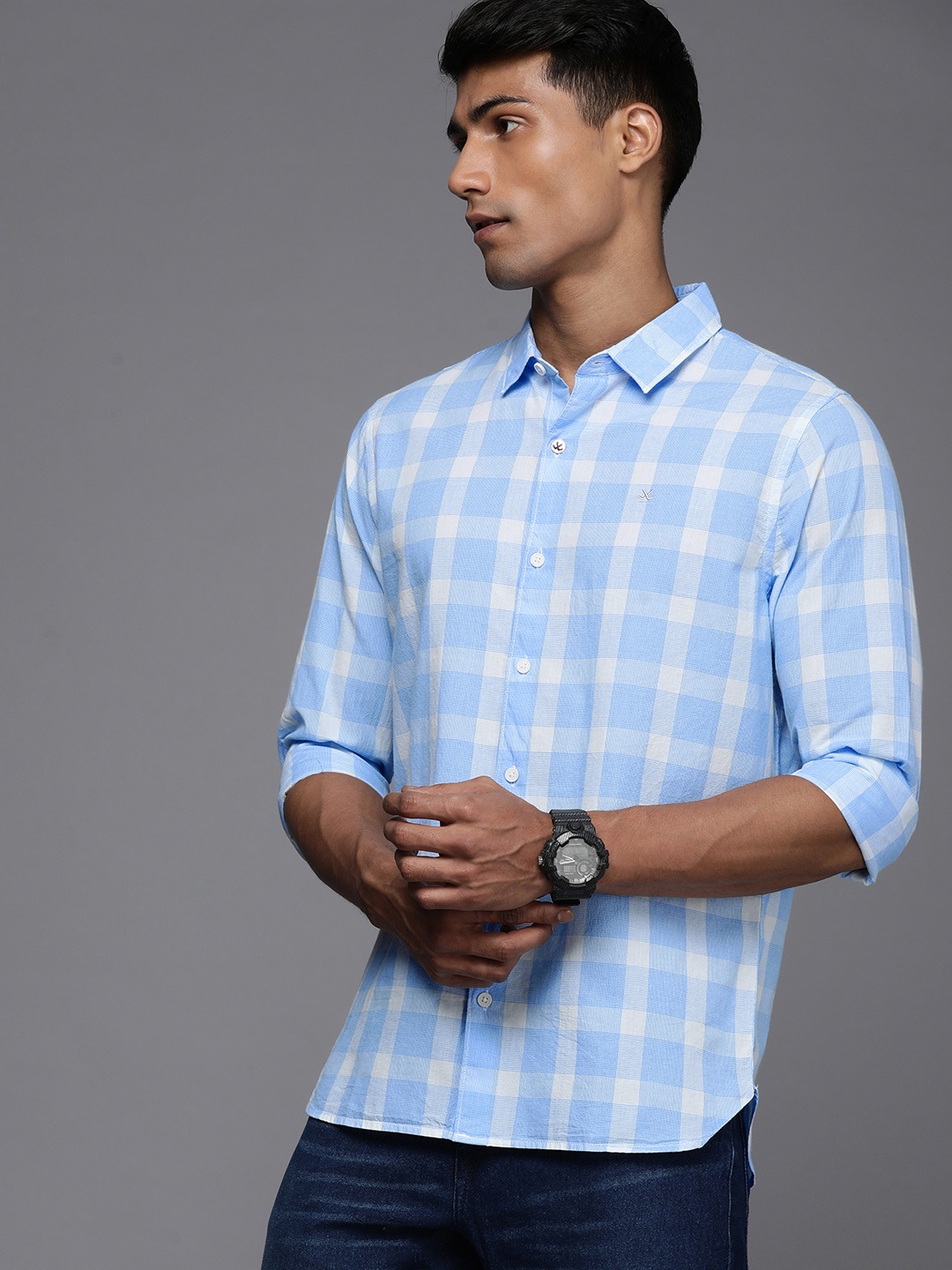 

WROGN Men Checked Pure Cotton Casual Shirt, Blue