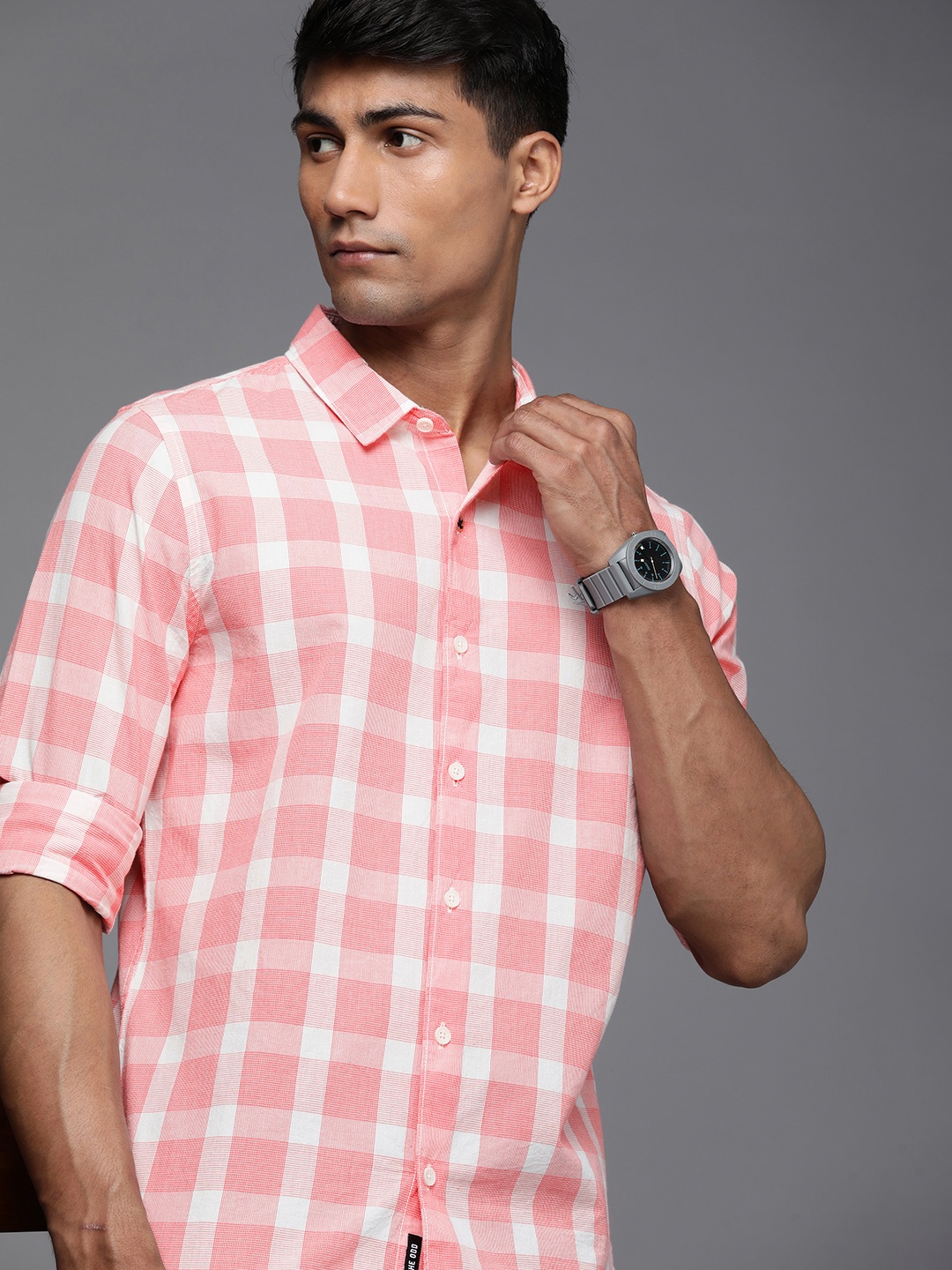 

WROGN Men Tartan Checked Pure Cotton Casual Shirt, Pink