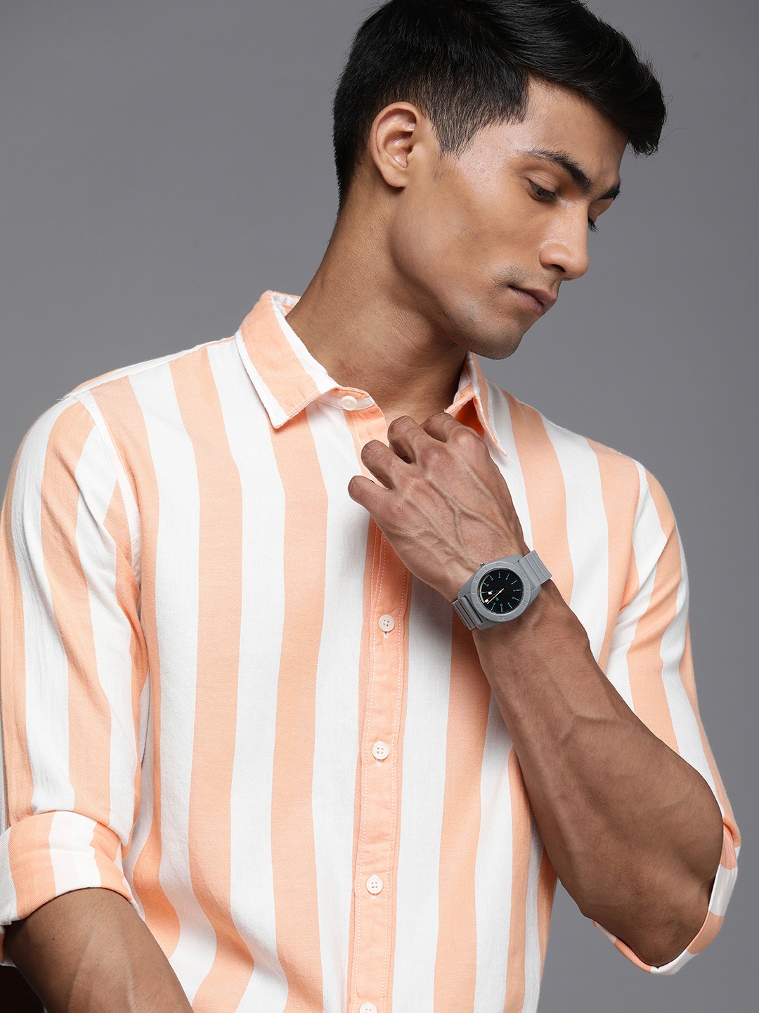 

WROGN Men Striped Casual Pure Cotton Casual Shirt, Peach