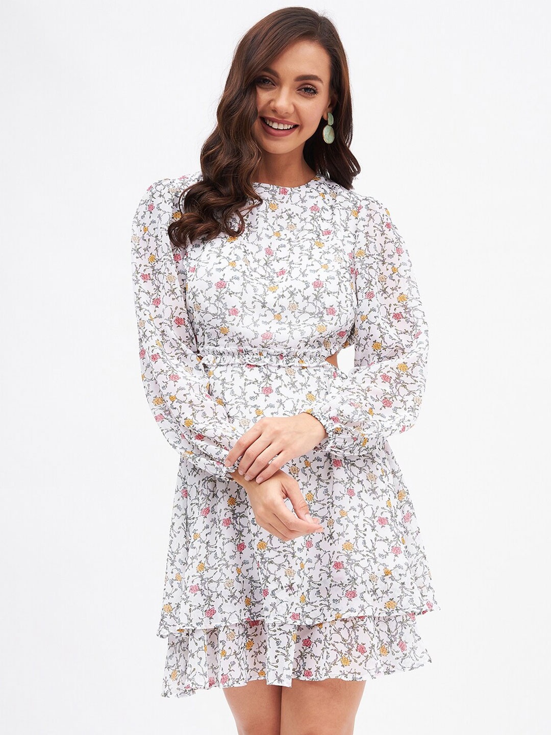 

Kibo Floral Printed Side Cutout Frilled Dress, White