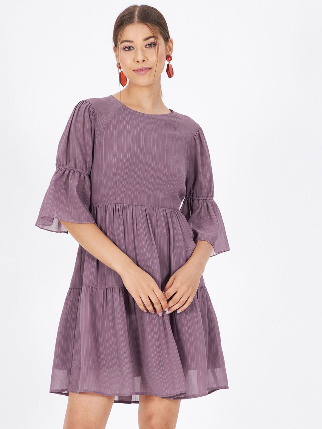 

Kibo Bell Sleeves Striped Tiered Dress, Purple