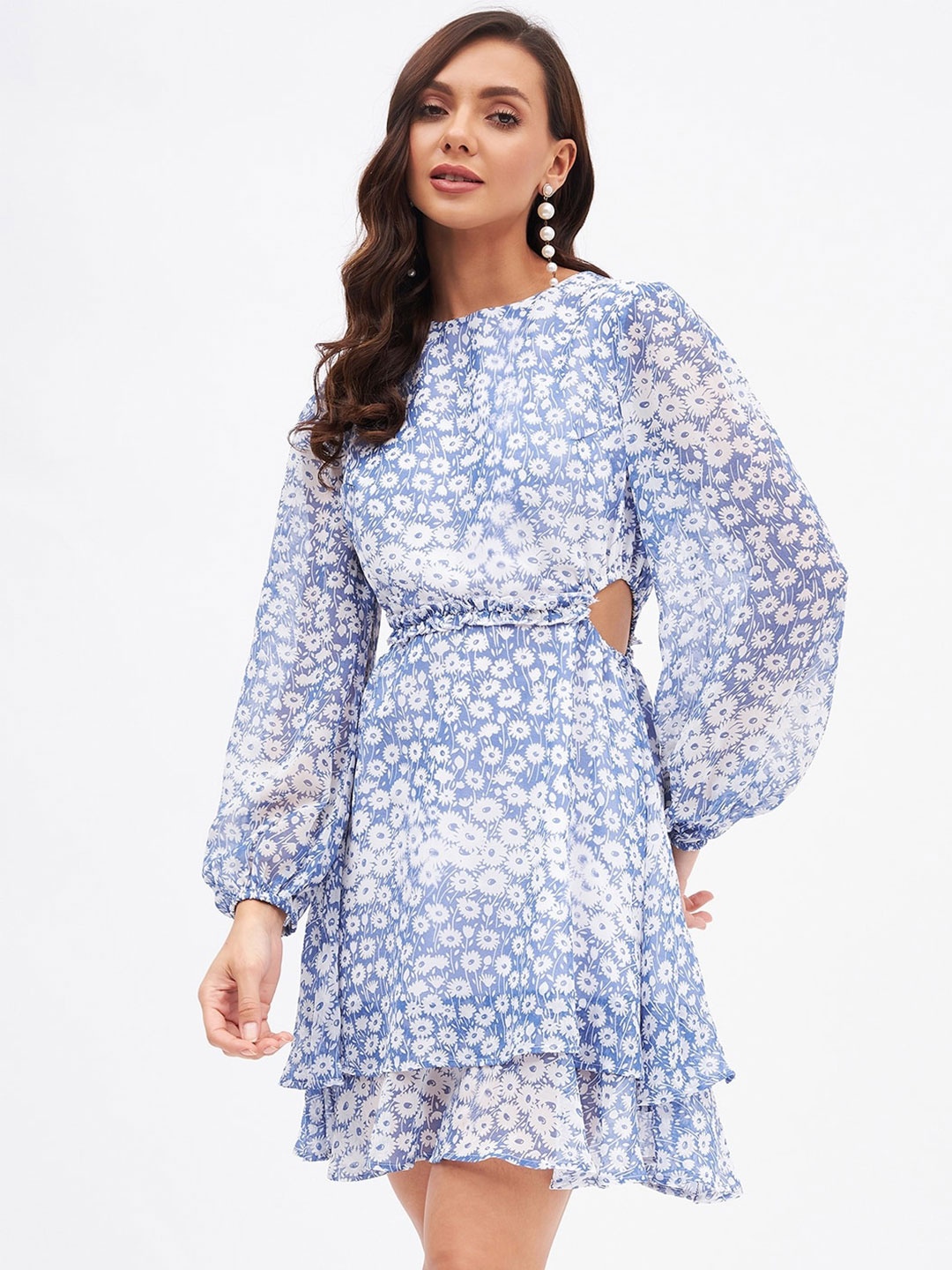 

Kibo Floral Printed Side Cutout Frilled Dress, Blue