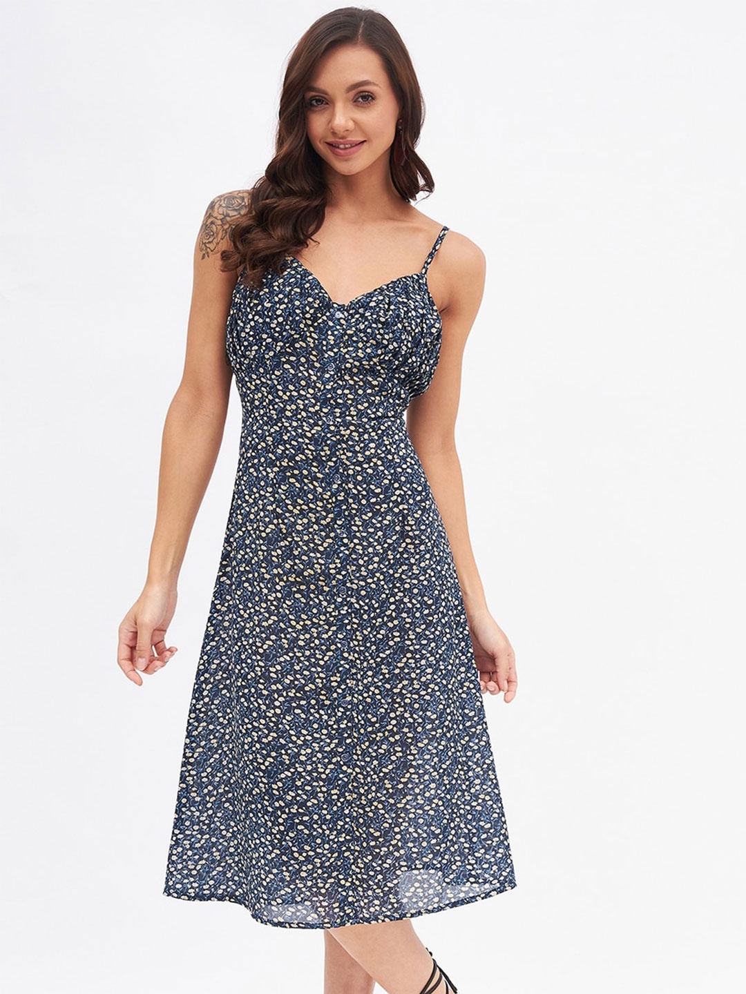 

Kibo Sleeveless Abstract Printed A-Line Dress, Blue