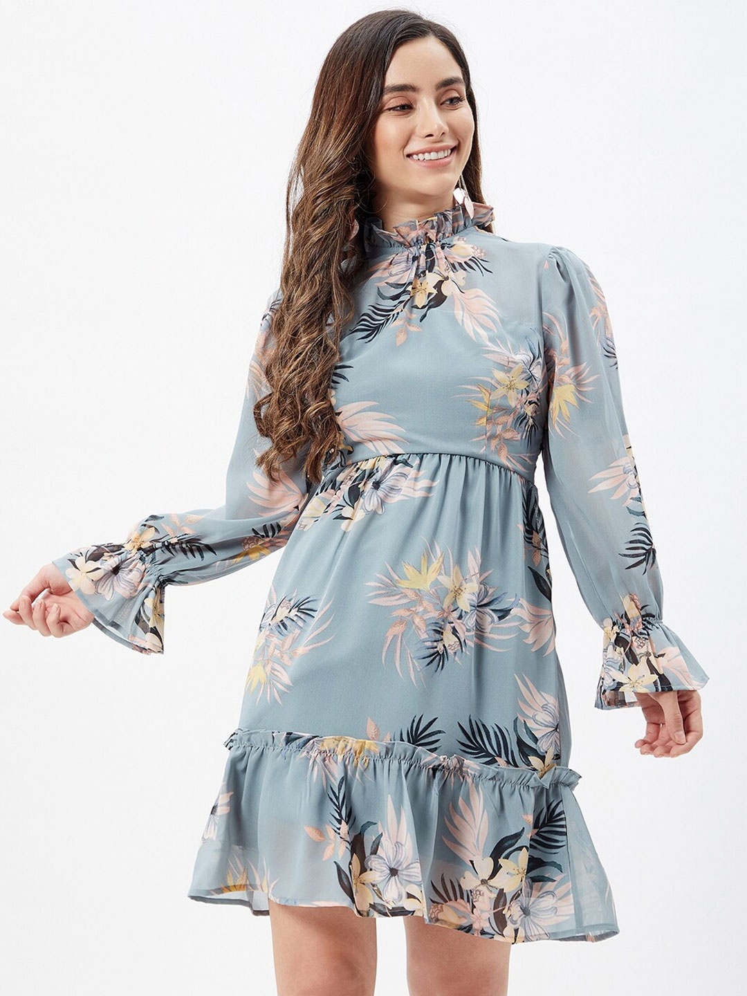 

Kibo Tropical Printed Bell Sleeves Fit & Flare Dress, Blue