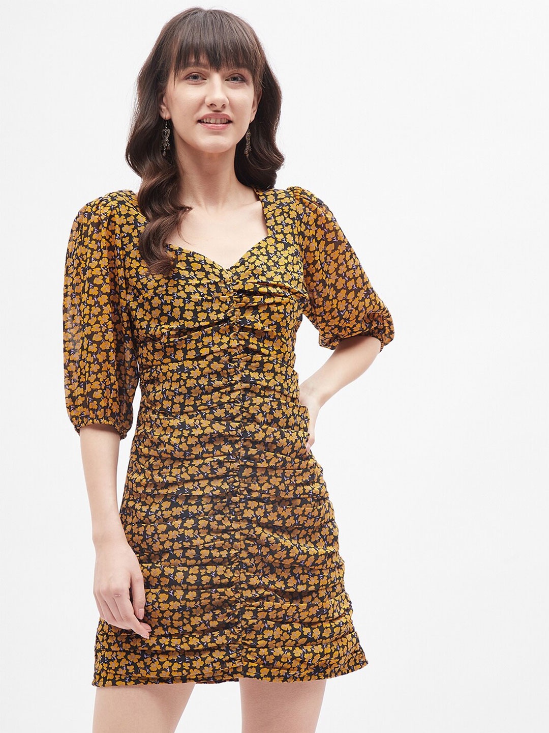 

Kibo Floral Printed Gathered Detailed Sheath Dress, Mustard