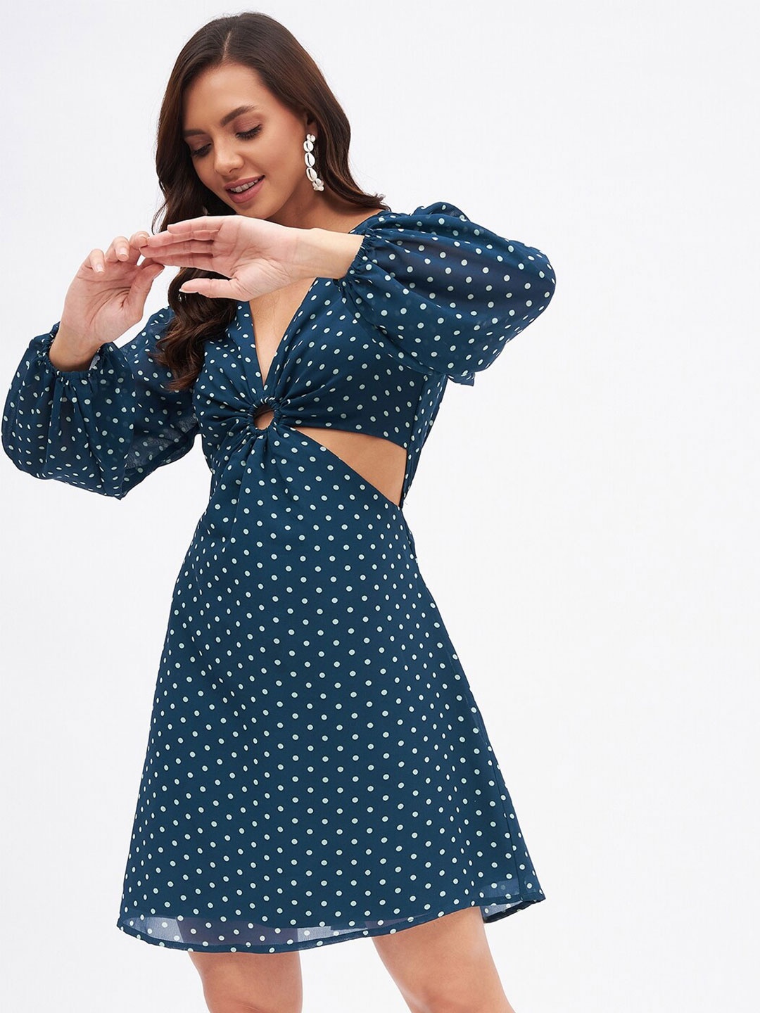 

Kibo Polka Dots Printed Puff Sleeves Semi Sheer Cut Out Detailed A-Line Dress, Teal