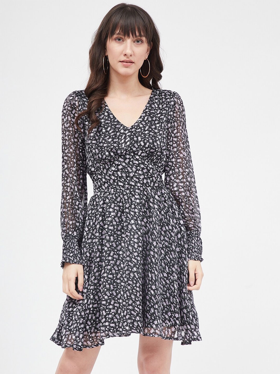 

Kibo Floral Printed Mini Fit & Flare Dress, Black