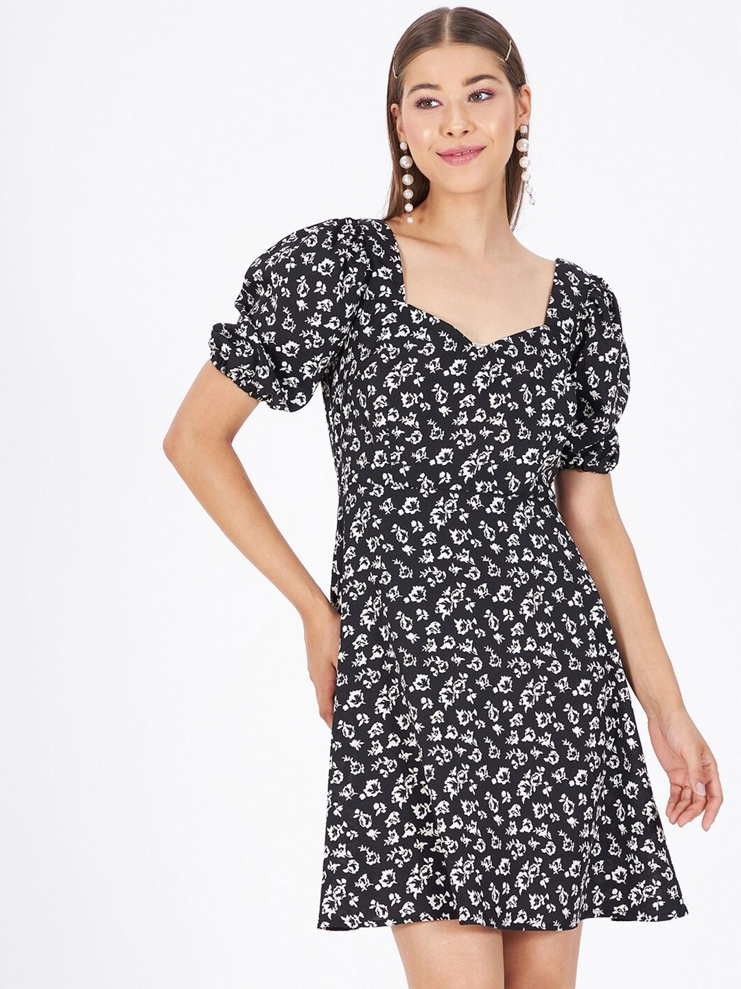 Kibo Floral Printed A-Line Dress, Black
