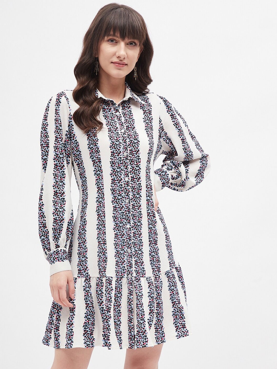 

Kibo Floral Printed Flounce Shirt Dress, White