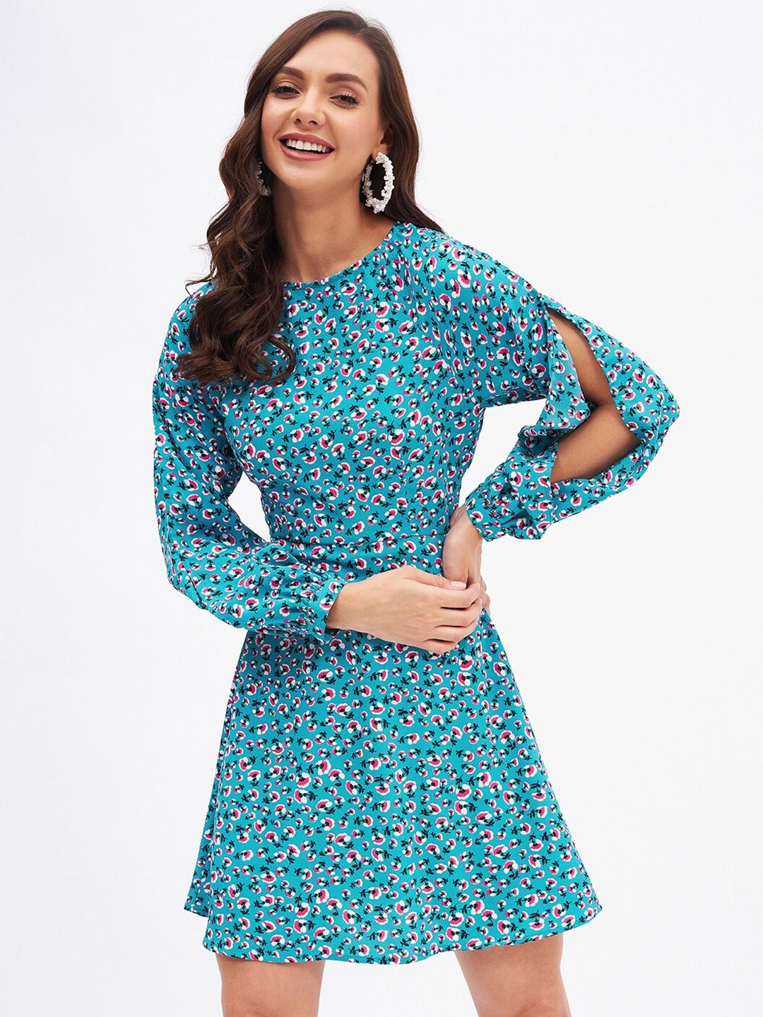 

Kibo Floral Printed Slit Sleeves Fit & Flare Dress, Blue