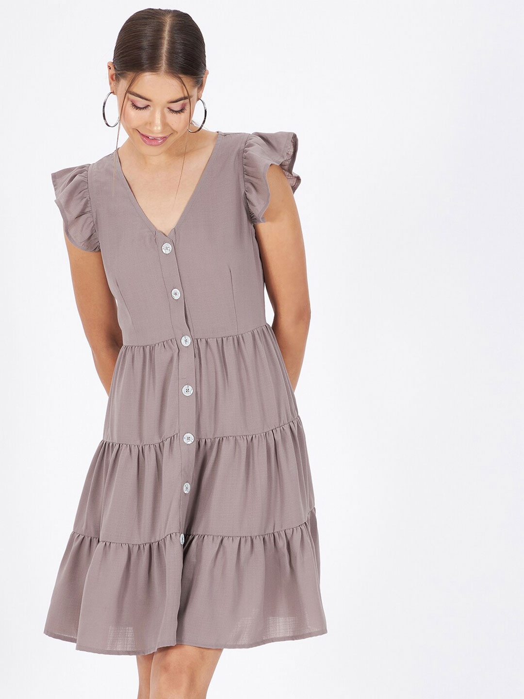 

Kibo Front Open Tiered Crepe Dress, Grey melange