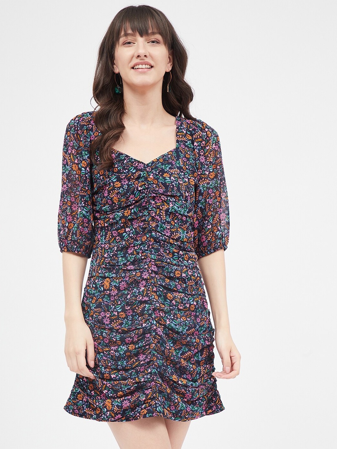 

Kibo Floral Printed Smocked Georgette A-Line Dress, Black