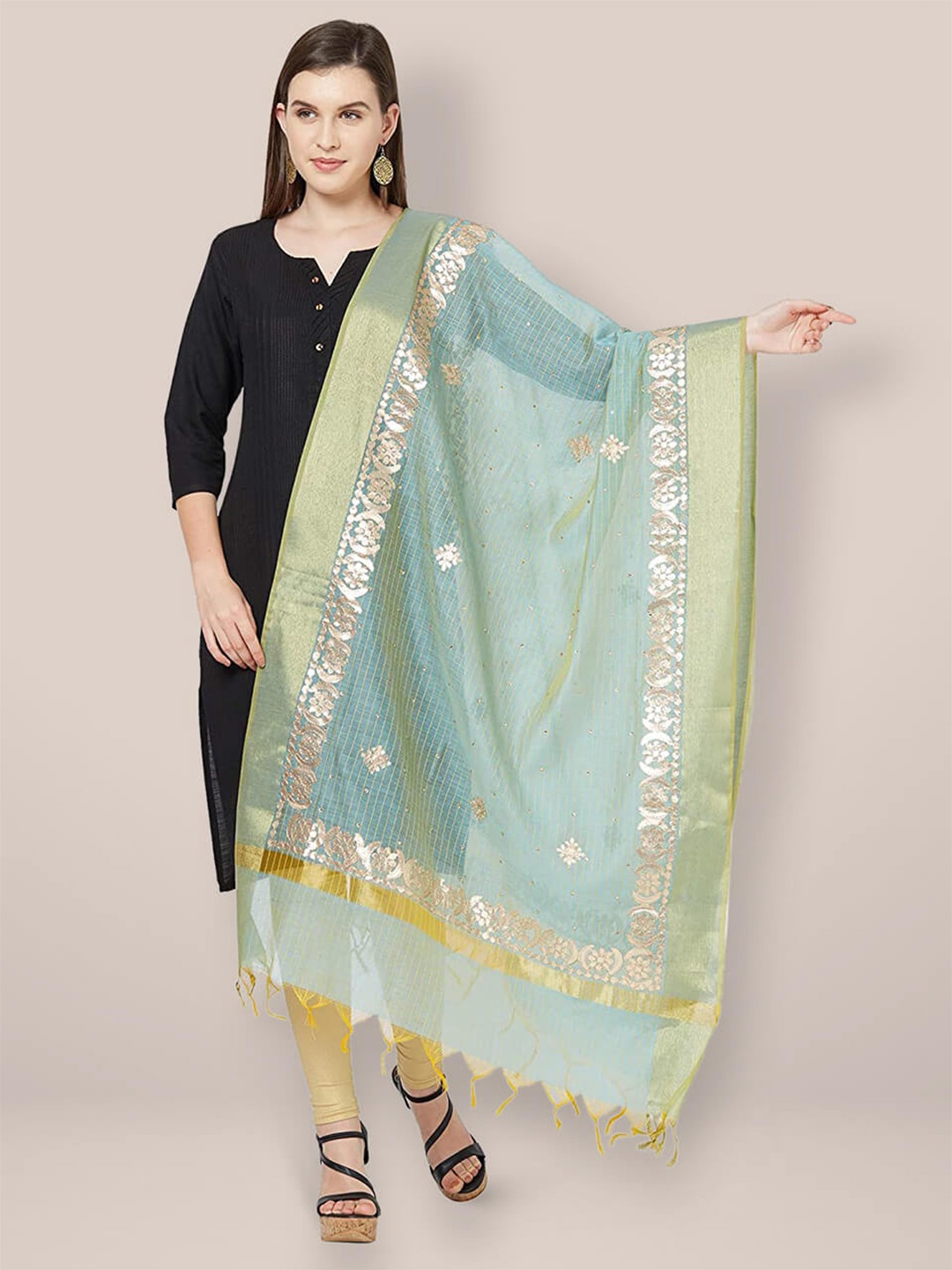 

Dupatta Bazaar Striped Cotton Silk Dupatta with Gotta Patti, Blue