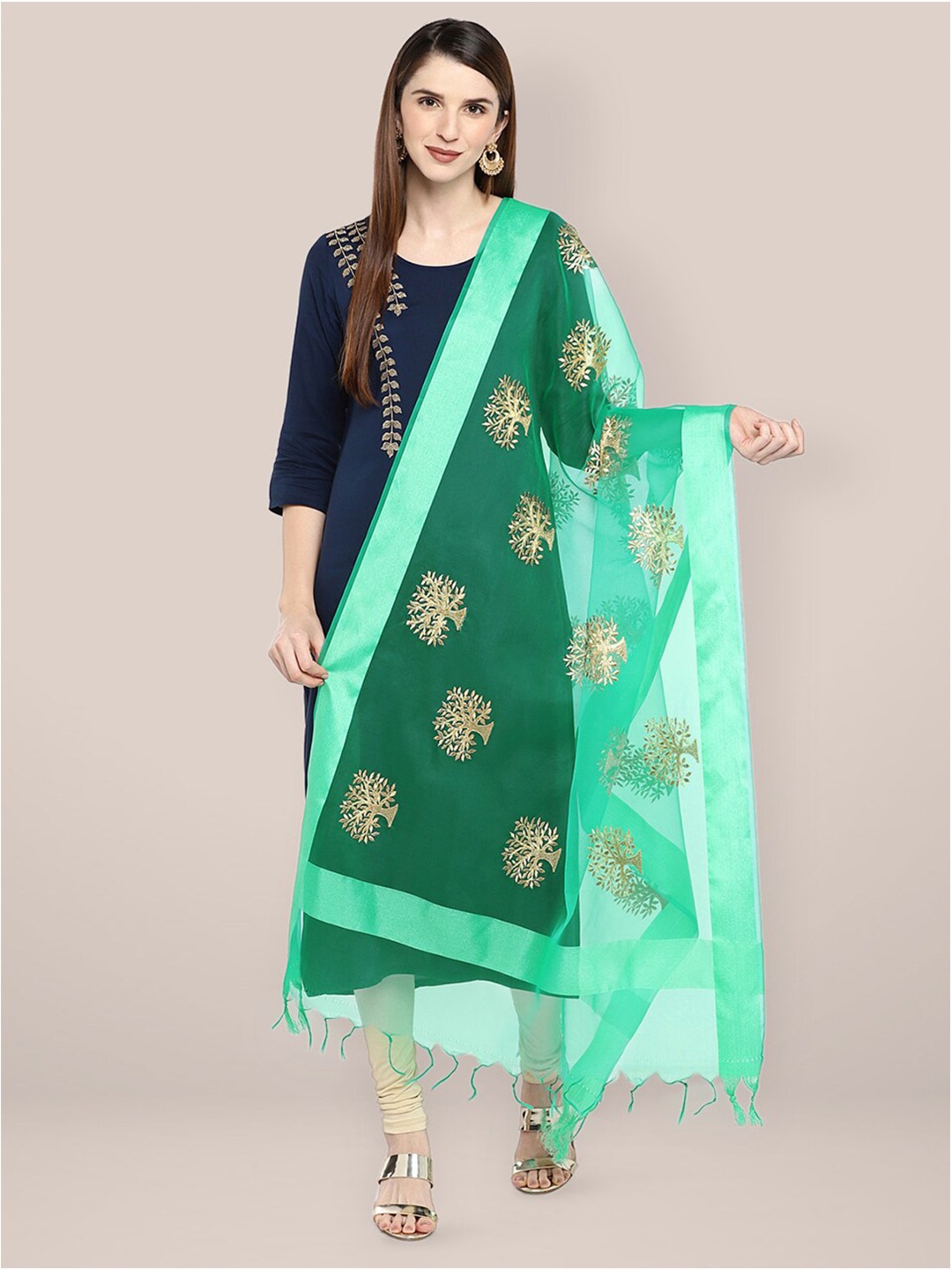 

Dupatta Bazaar Ethnic Motifs Embroidered Organza Dupatta with Zari, Green