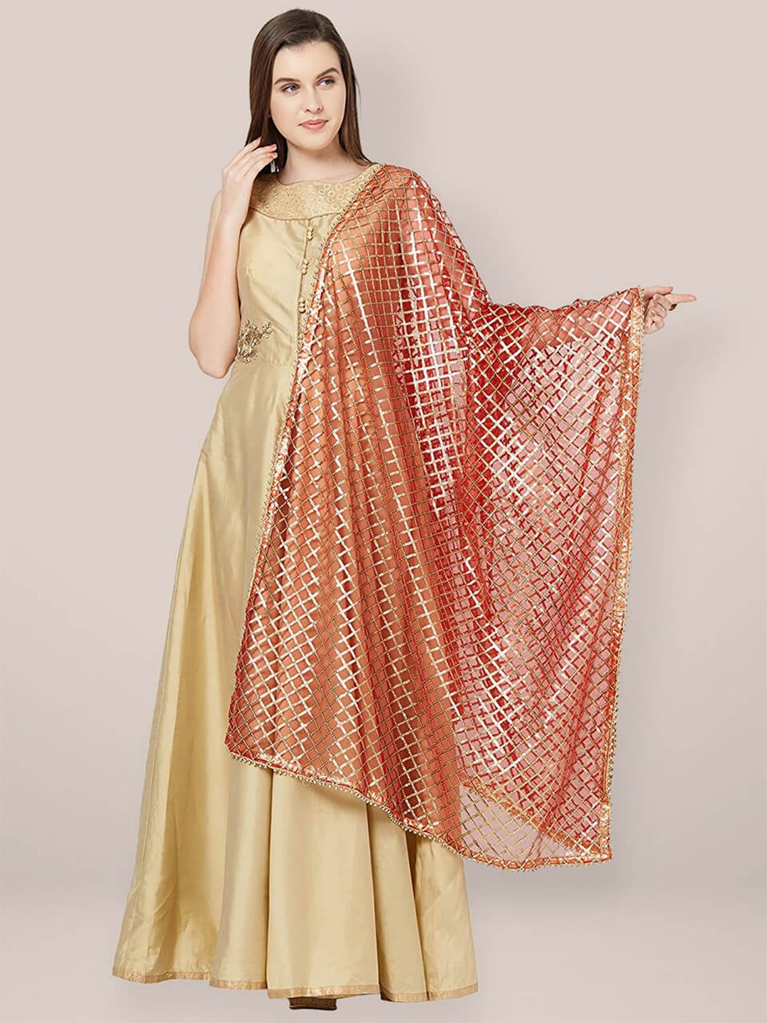 

Dupatta Bazaar Striped Dupatta with Gotta Patti, Red