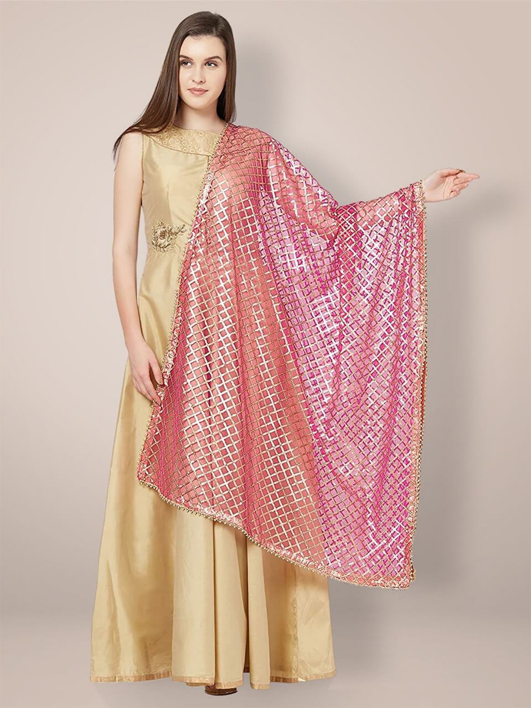 

Dupatta Bazaar Striped Dupatta with Gotta Patti, Pink