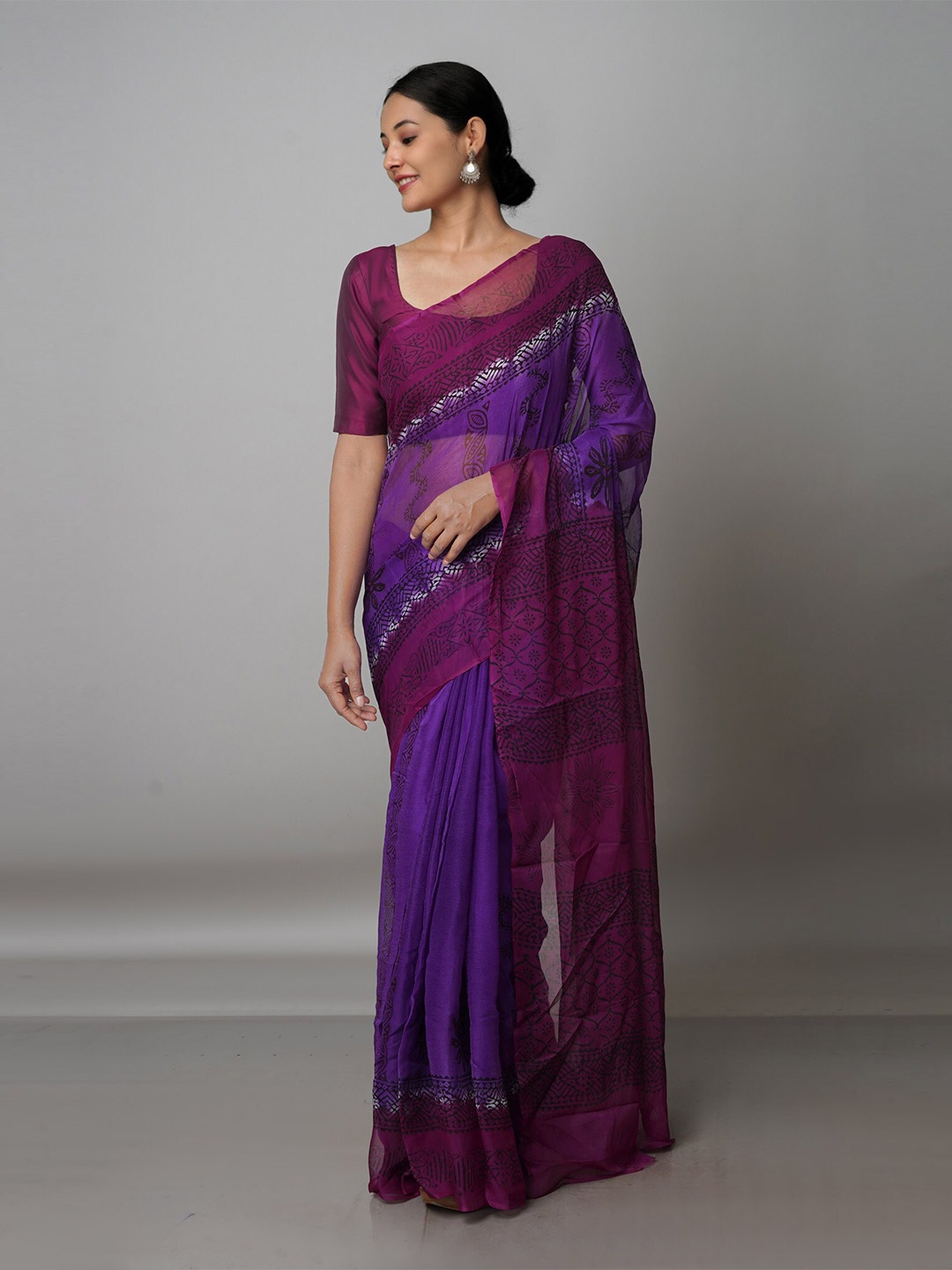 

Unnati Silks Ethnic Motifs Block Print Saree, Purple