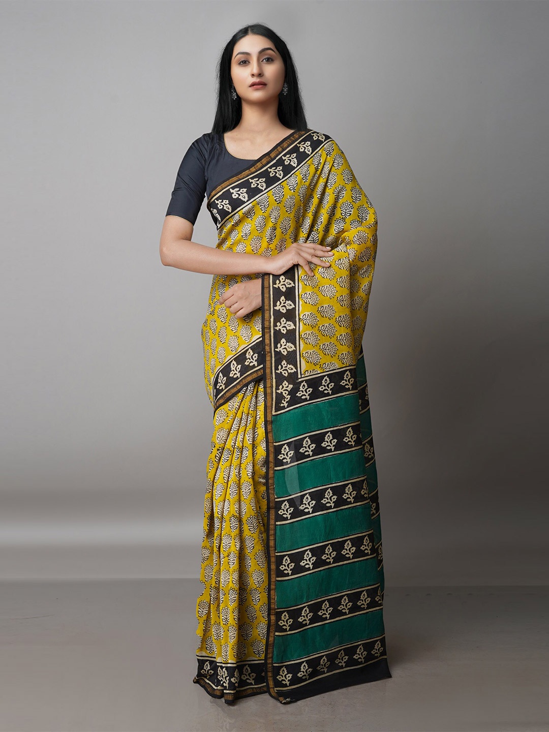 

Unnati Silks Ethnic Motifs Chanderi Saree, Green