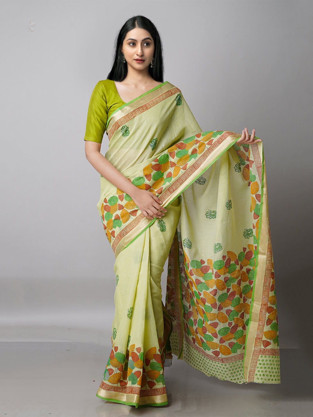 

Unnati Silks Floral Printed Zari Bordered Pure Cotton Mangalagiri Saree, Green