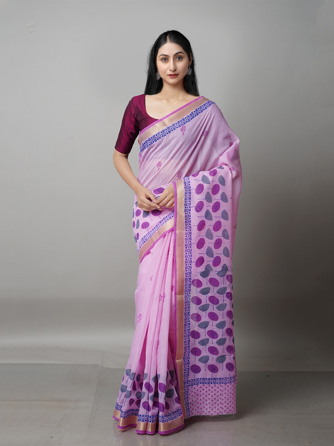 

Unnati Silks Floral Printed Zari Bordered Pure Cotton Mangalagiri Saree, Violet