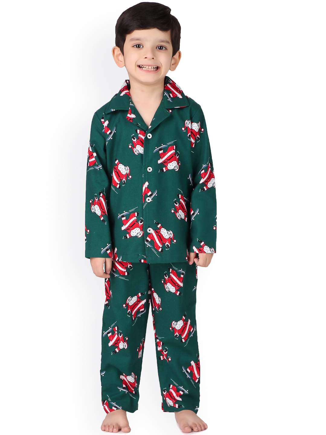 

Hippodrome Kids Green Winter Flannel Christmas Skating Santa Claus Night Suit