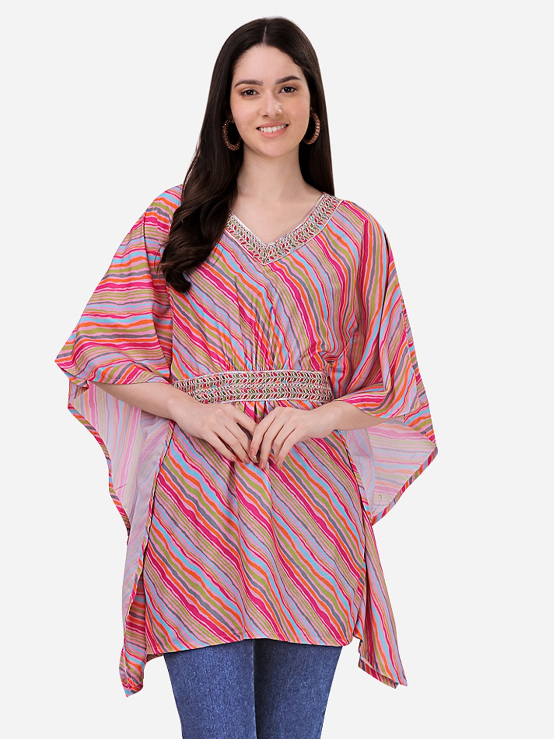 

HERE&NOW Printed V-Neck Kaftan Kurti, Pink