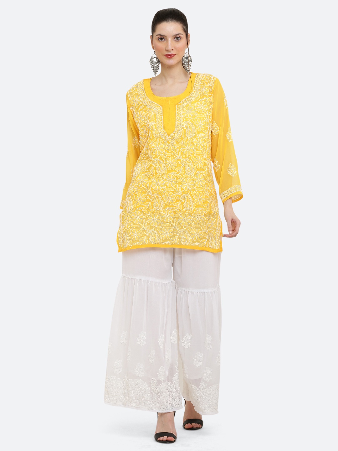 

FAWOMENT Women Yellow Floral Embroidered Chikankari Kurta Set with Sharara, White