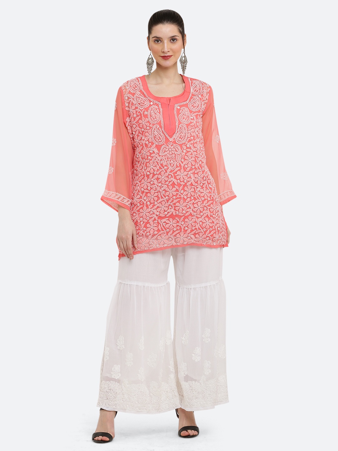 

FAWOMENT Floral Embroidered Chikankari Kurti with Sharara, Peach