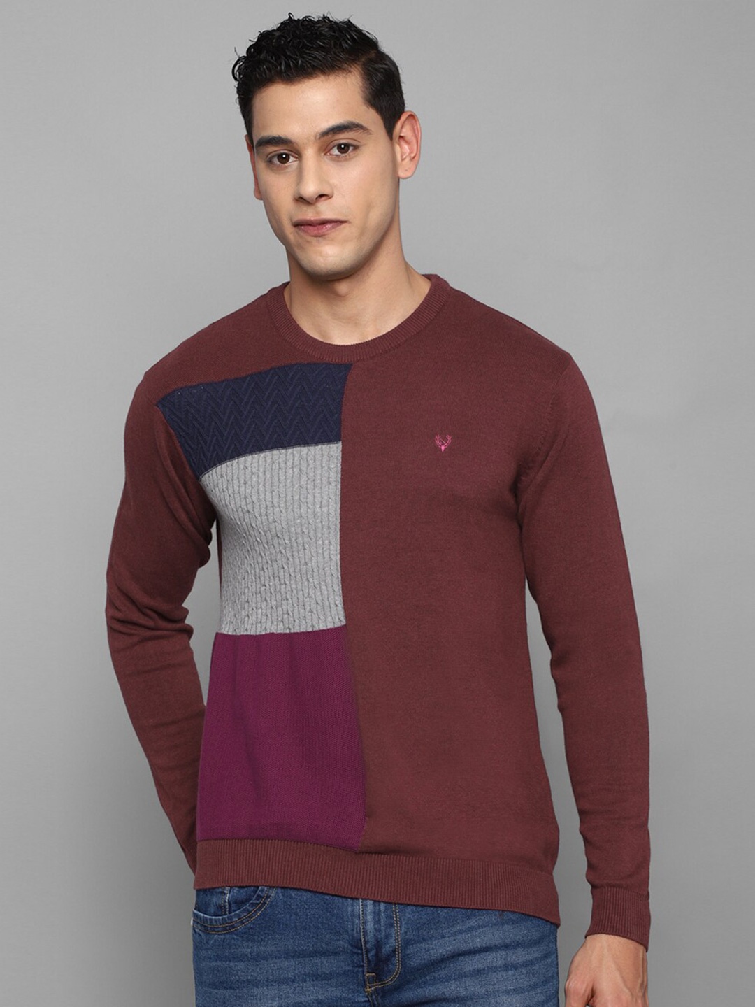 

Allen Solly Men Colourblocked Cotton Pullover, Maroon