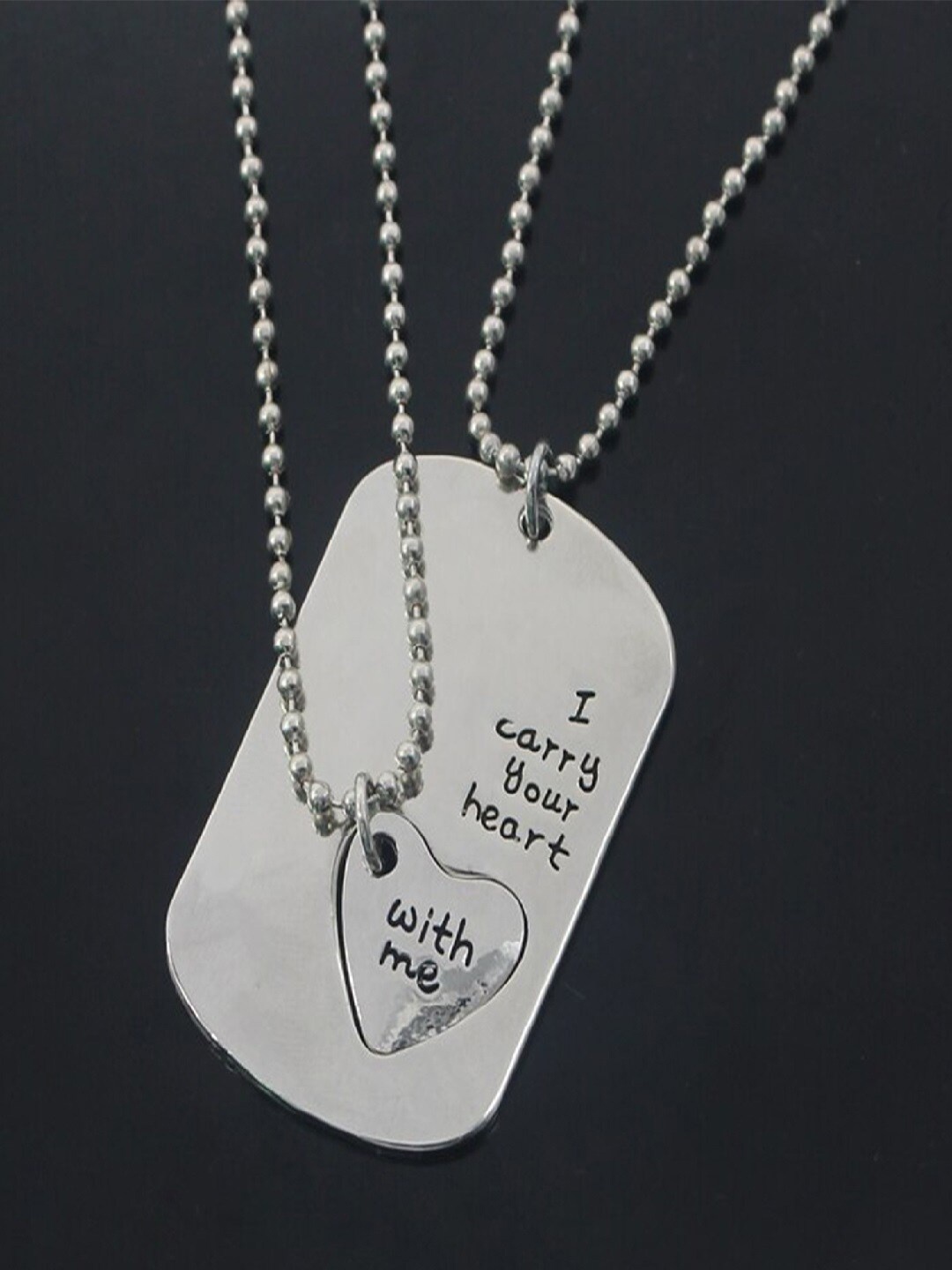 

Mahi Set Of 2 Rhodium-Plated Magnetic Heart Couple Pendants With Chain, Silver