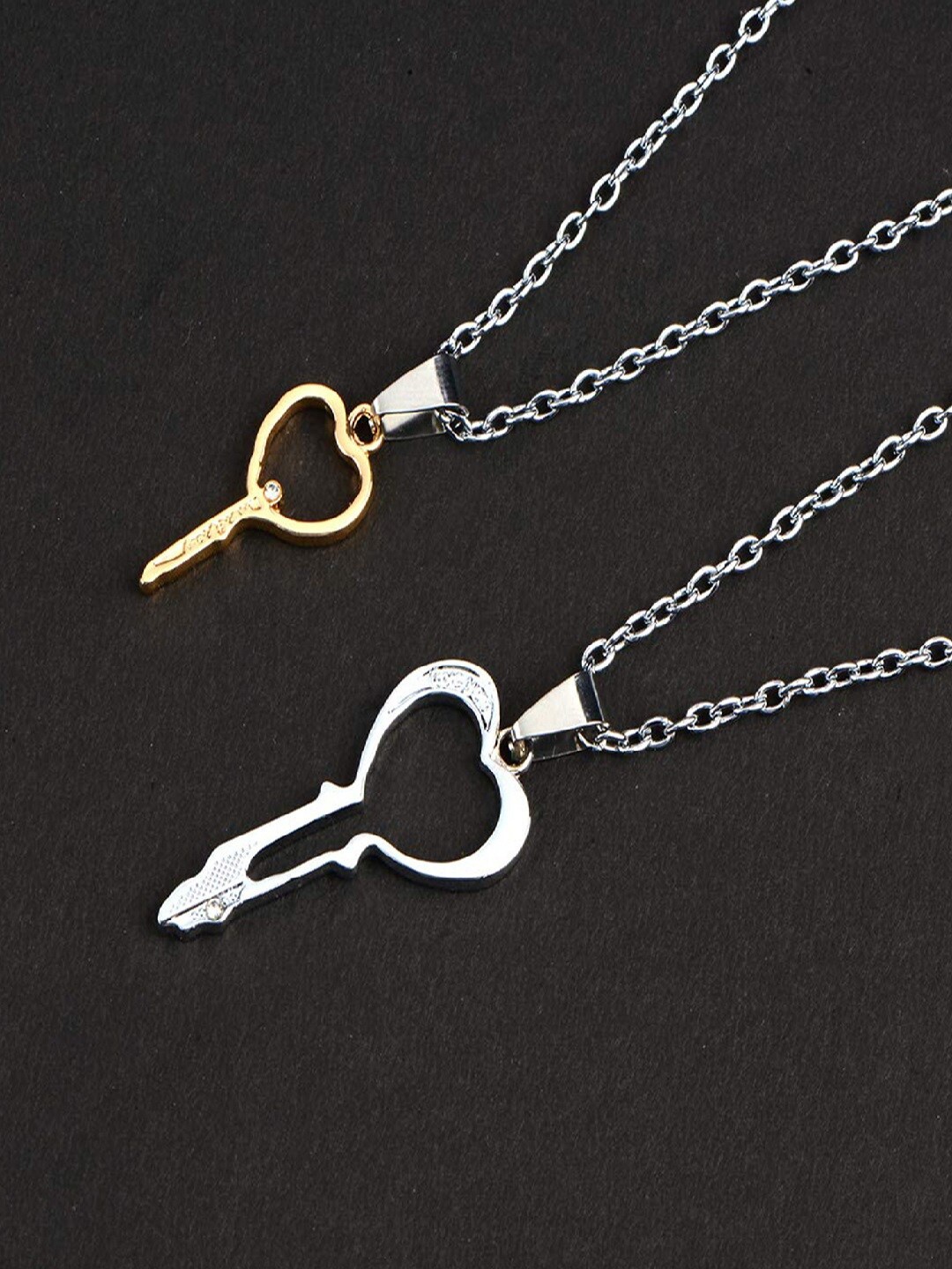 

Mahi Set Of 2 Rhodium-Plated Heart Key Shaped Couple Pendants With Chain, White