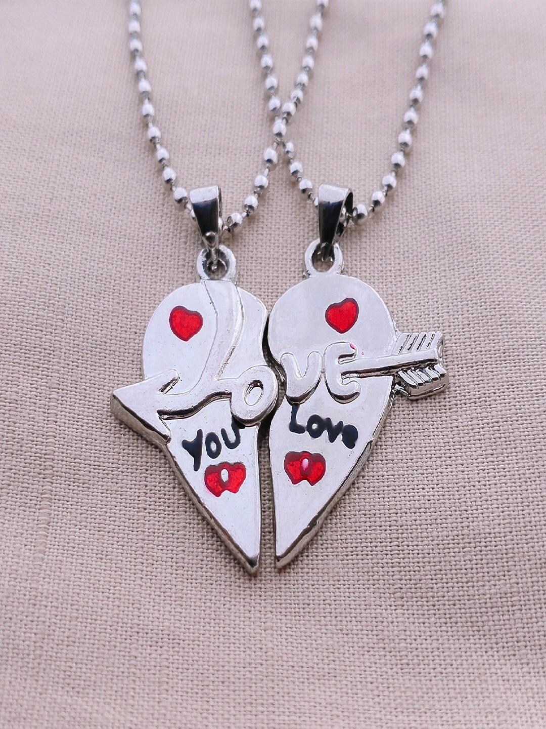 

Mahi Set Of 2 Rhodium-Plated Love & You Broken Heart Couple Pendants With Chains, Red