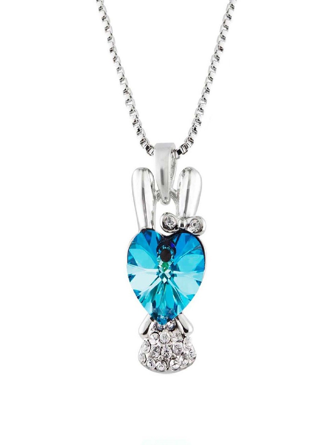 

Mahi Women Rhodium-Plated Crystal Studded Heart Shaped Pendant with Link Chain, Turquoise blue