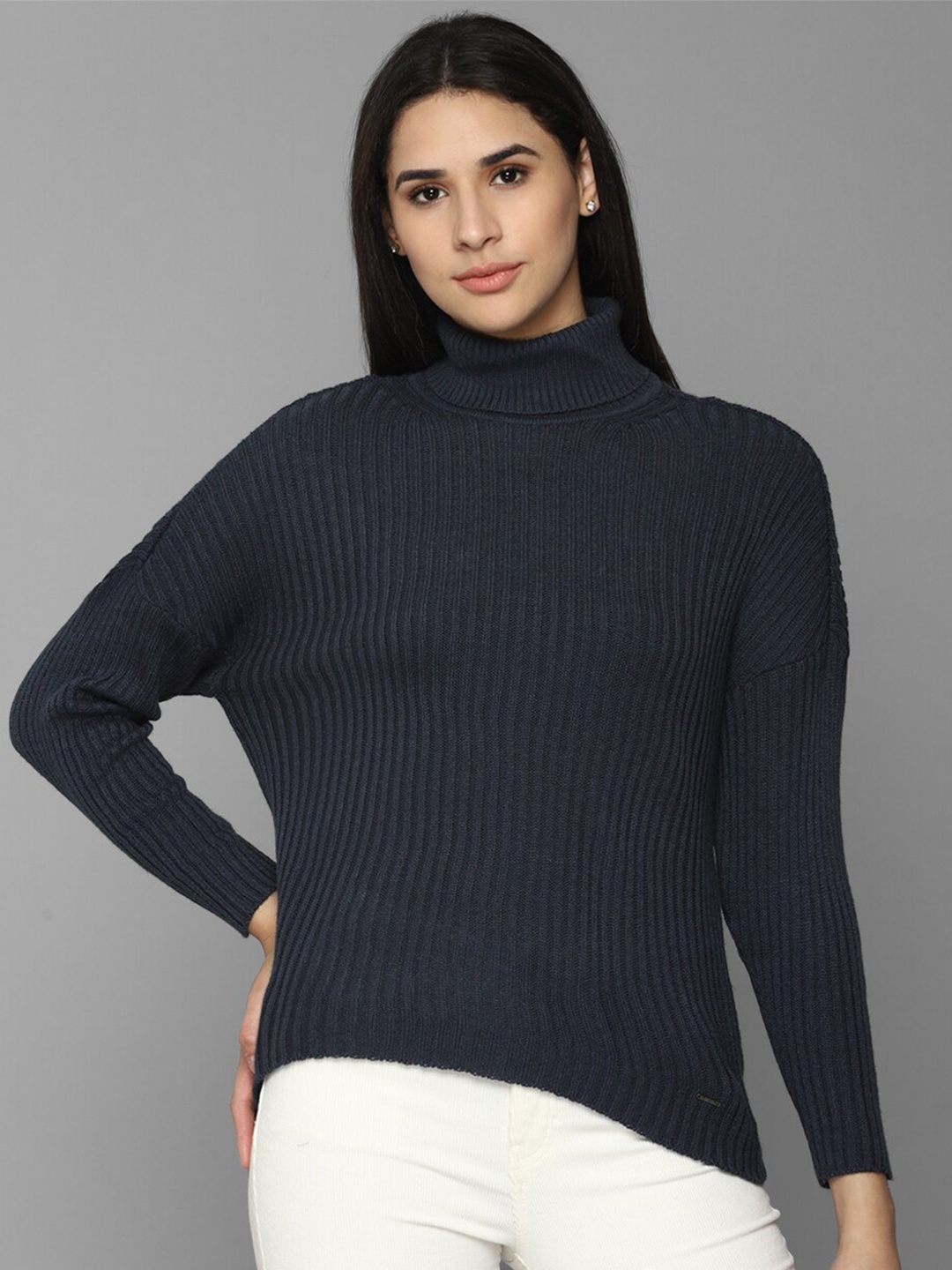 

Allen Solly Woman Striped Turtle Neck Pullover, Navy blue