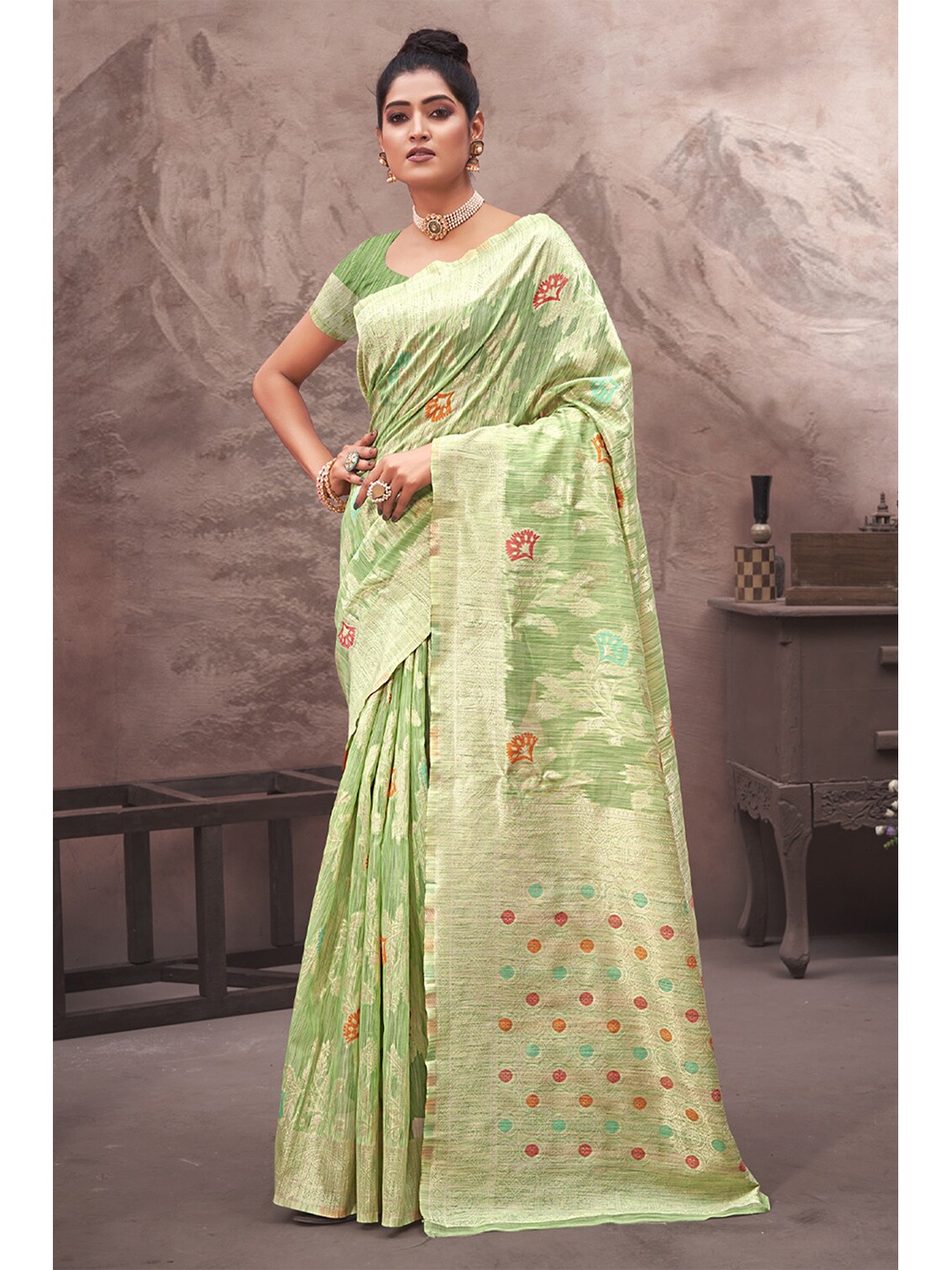 

SANGAM PRINTS Woven Design Saree, Green
