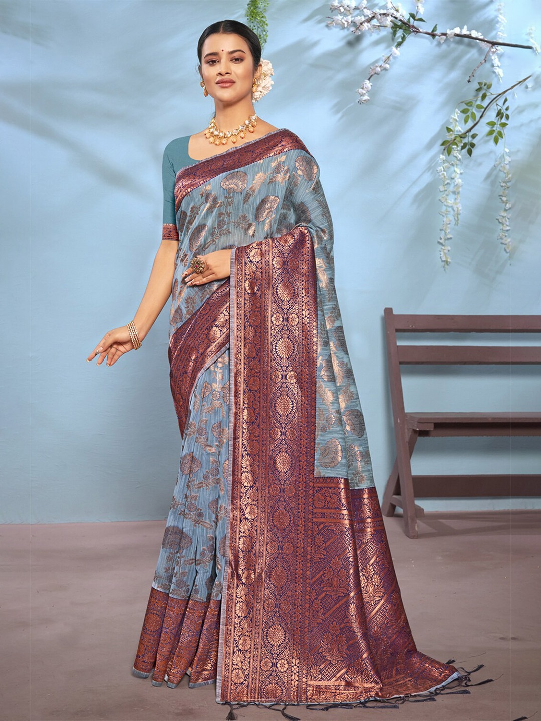 

SANGAM PRINTS Ethnic Motifs Woven DesignvZari Saree, Blue