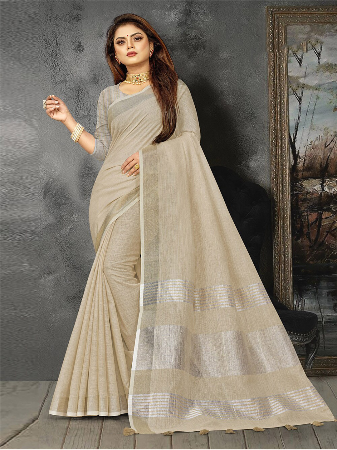 

SANGAM PRINTS Solid Zari Saree, Beige
