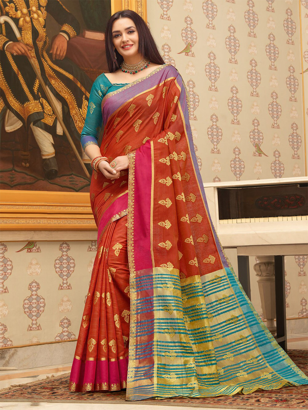 

SANGAM PRINTS Ethnic Motifs Woven Design Zari Saree, Red