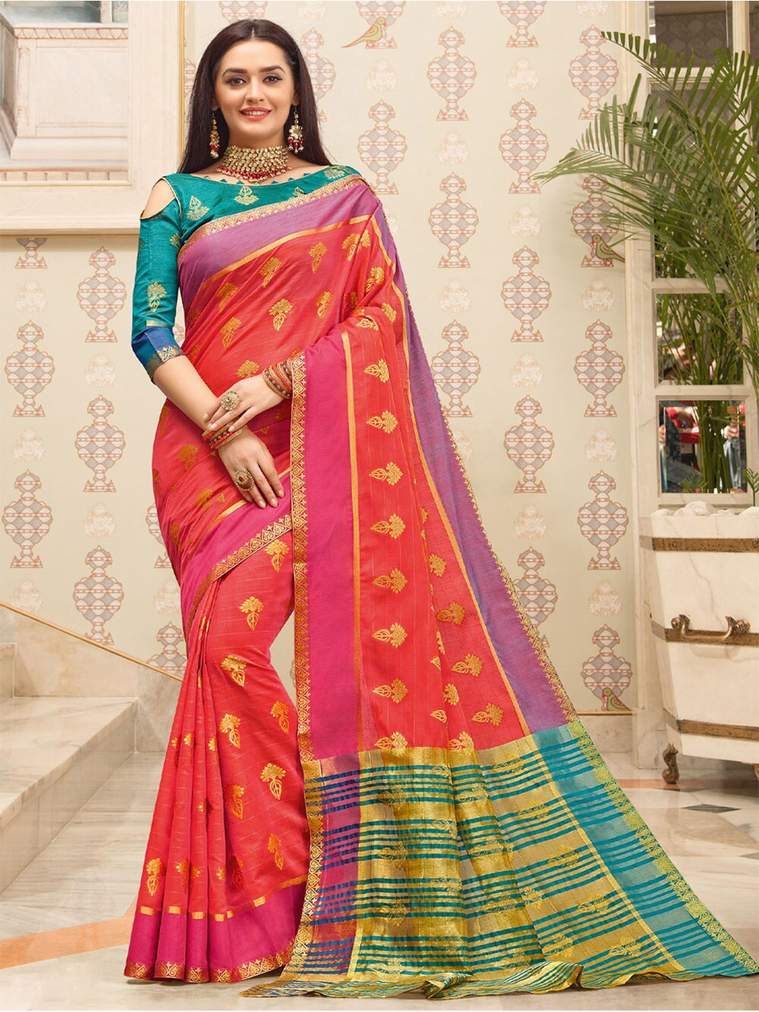 

SANGAM PRINTS Woven Design Zari Saree, Pink