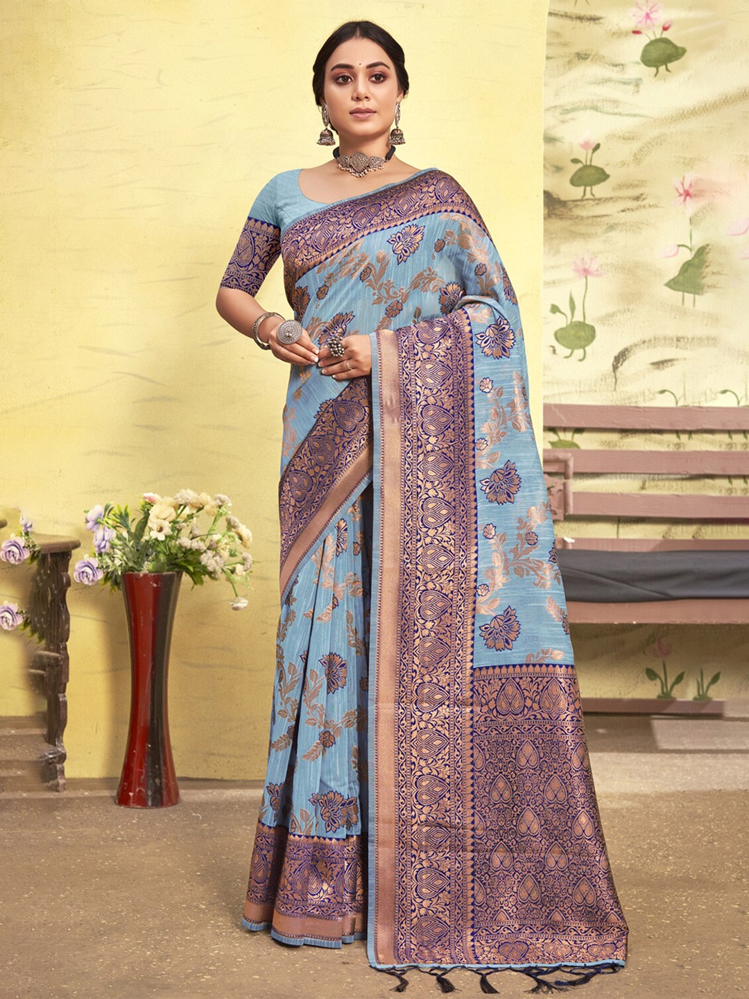 

SANGAM PRINTS Blue Ethnic Motifs Zari Saree