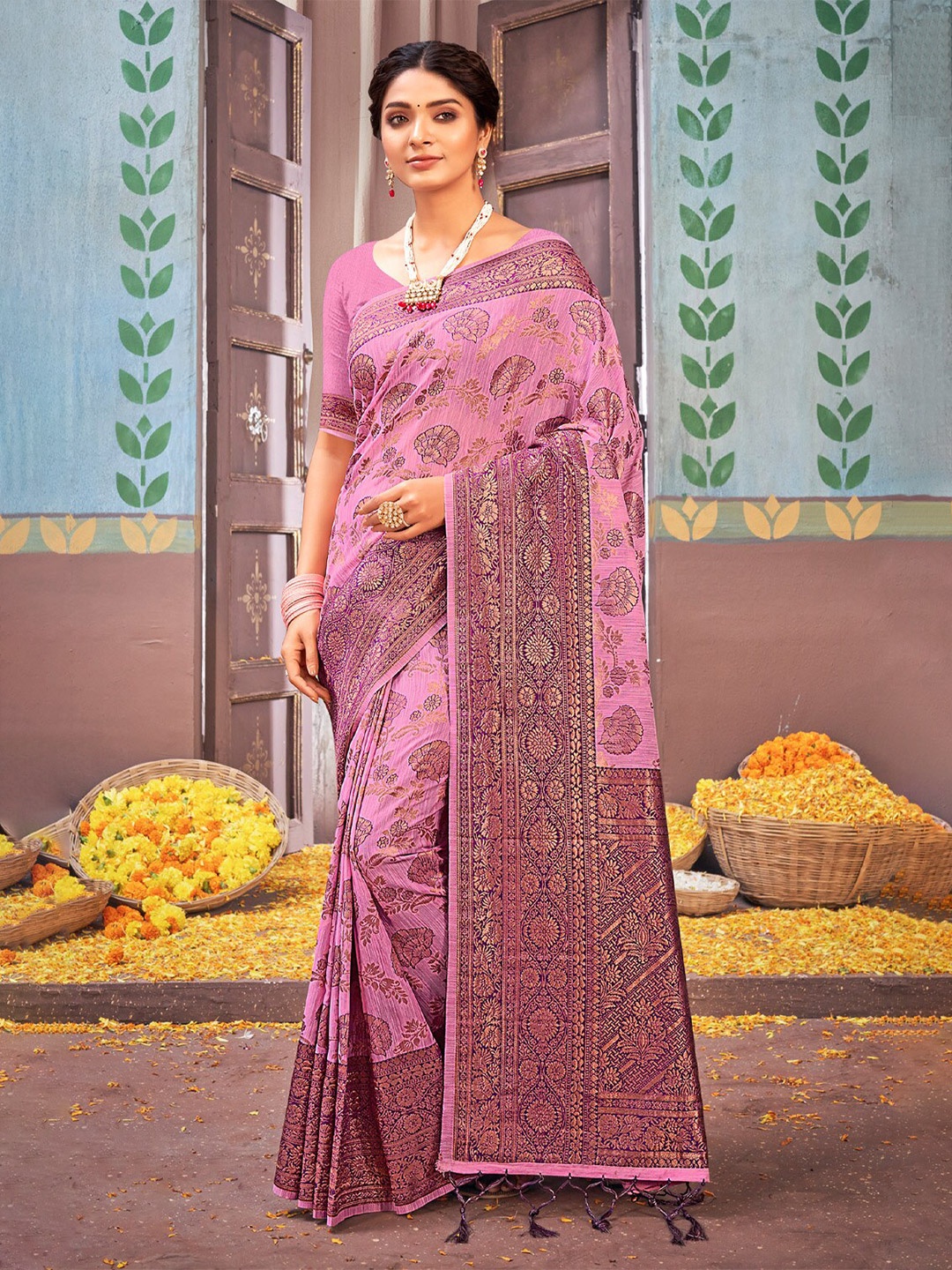

SANGAM PRINTS Pink & Gold-Toned Ethnic Motifs Zari Saree