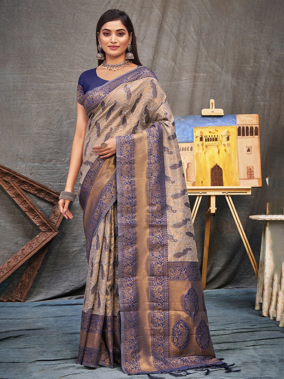 

SANGAM PRINTS Ethnic Motifs Zari Organza Saree, Blue