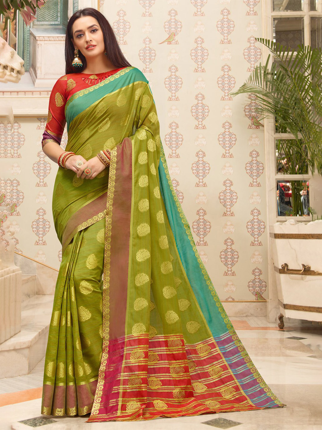 

SANGAM PRINTS Ethnic Motifs Zari Saree, Green
