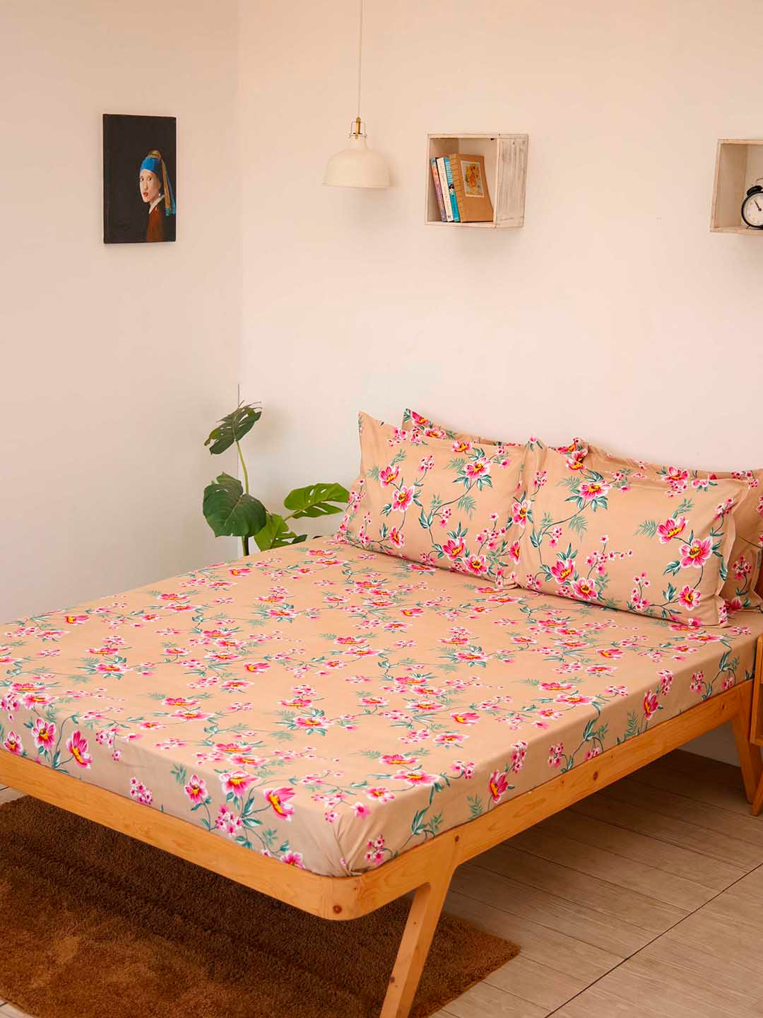 

Ariana Beige & Pink Floral 144 TC King Bedsheet with 2 Pillow Covers