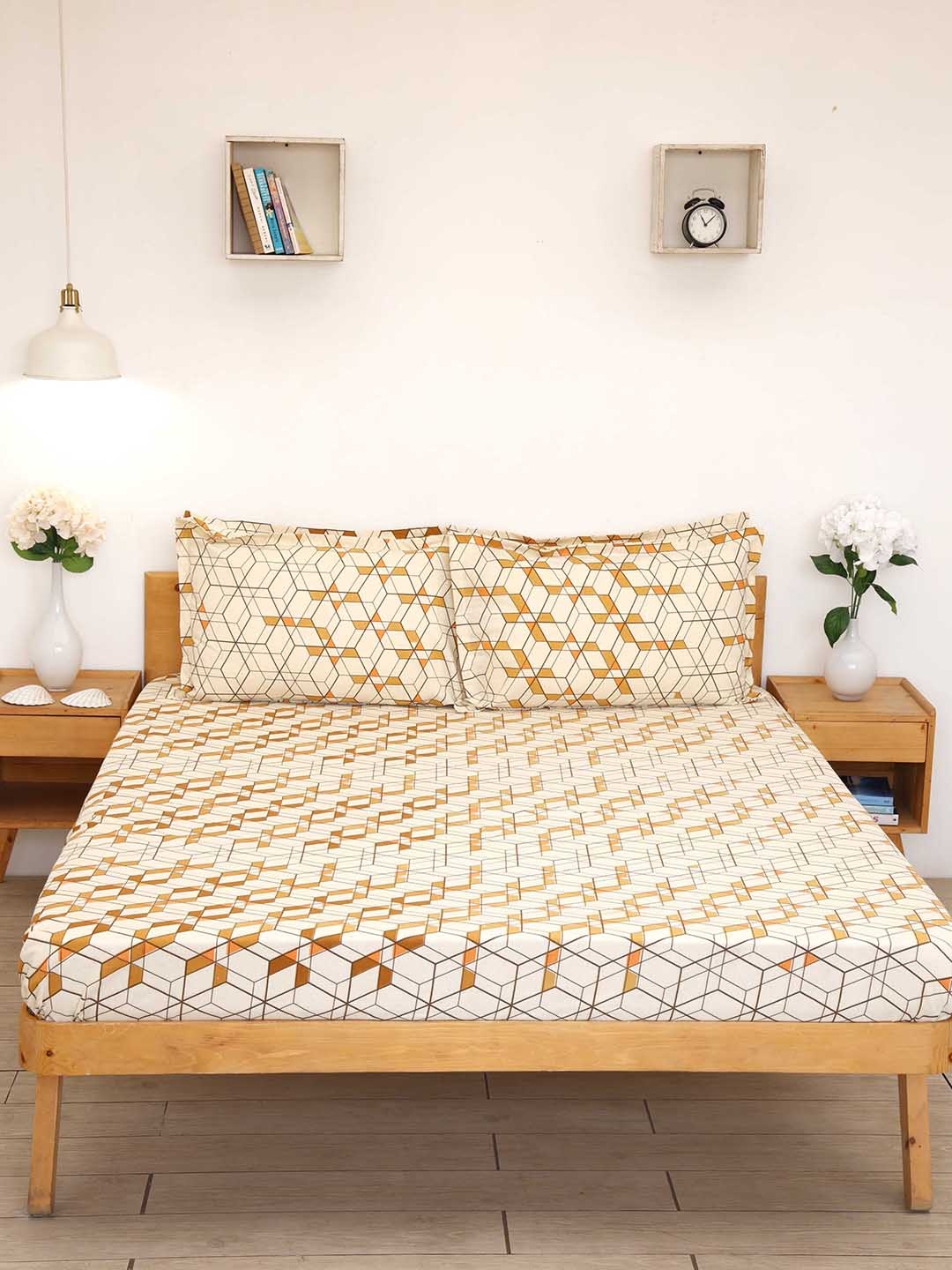

Ariana Cream & Brown Geometric 144 TC Queen Cotton Bedsheet with 2 Pillow Covers