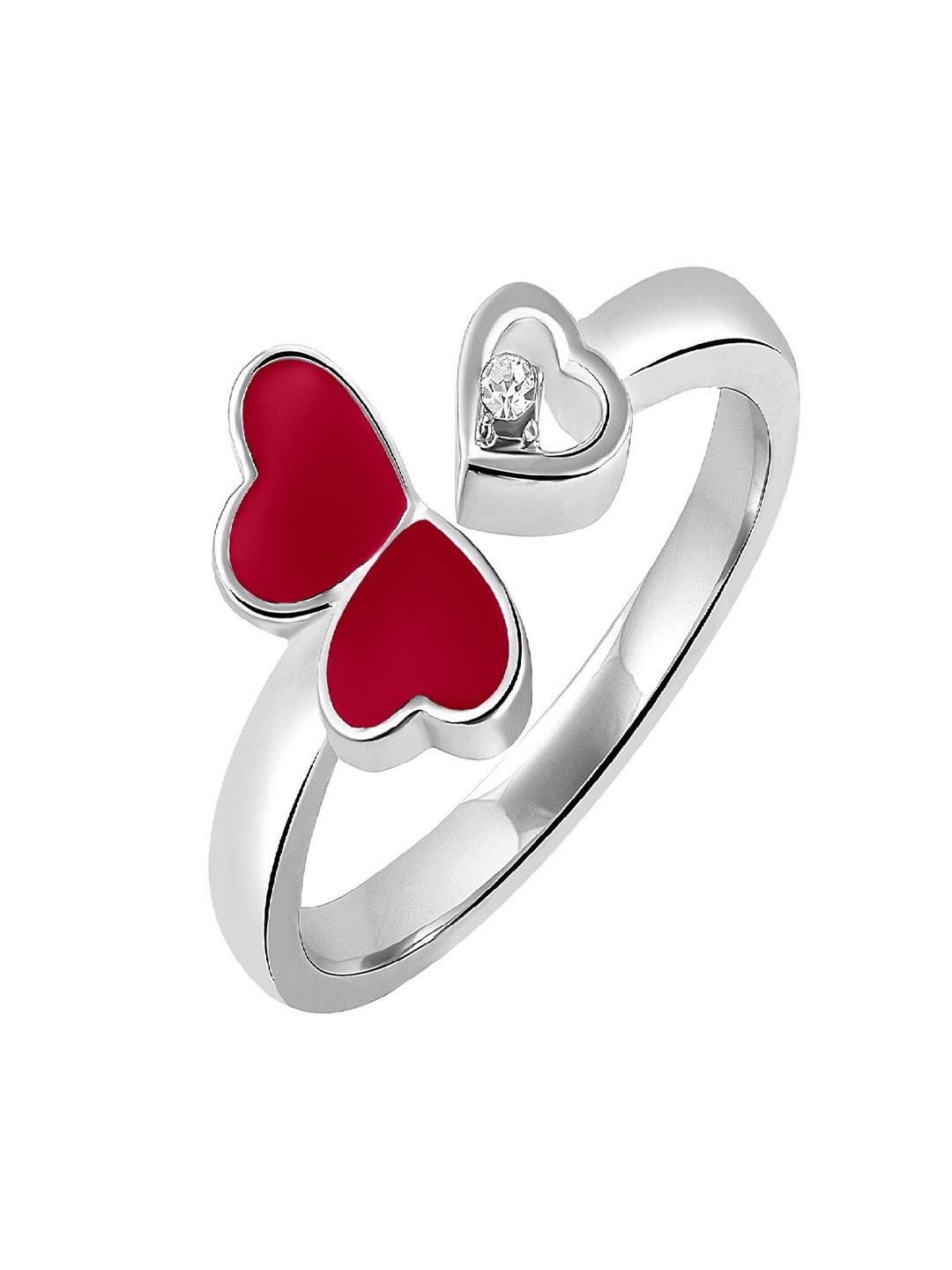 

Mahi Rhodium-Plated Tripple Heart Meena Work & Crystal Studded Finger Ring, Silver