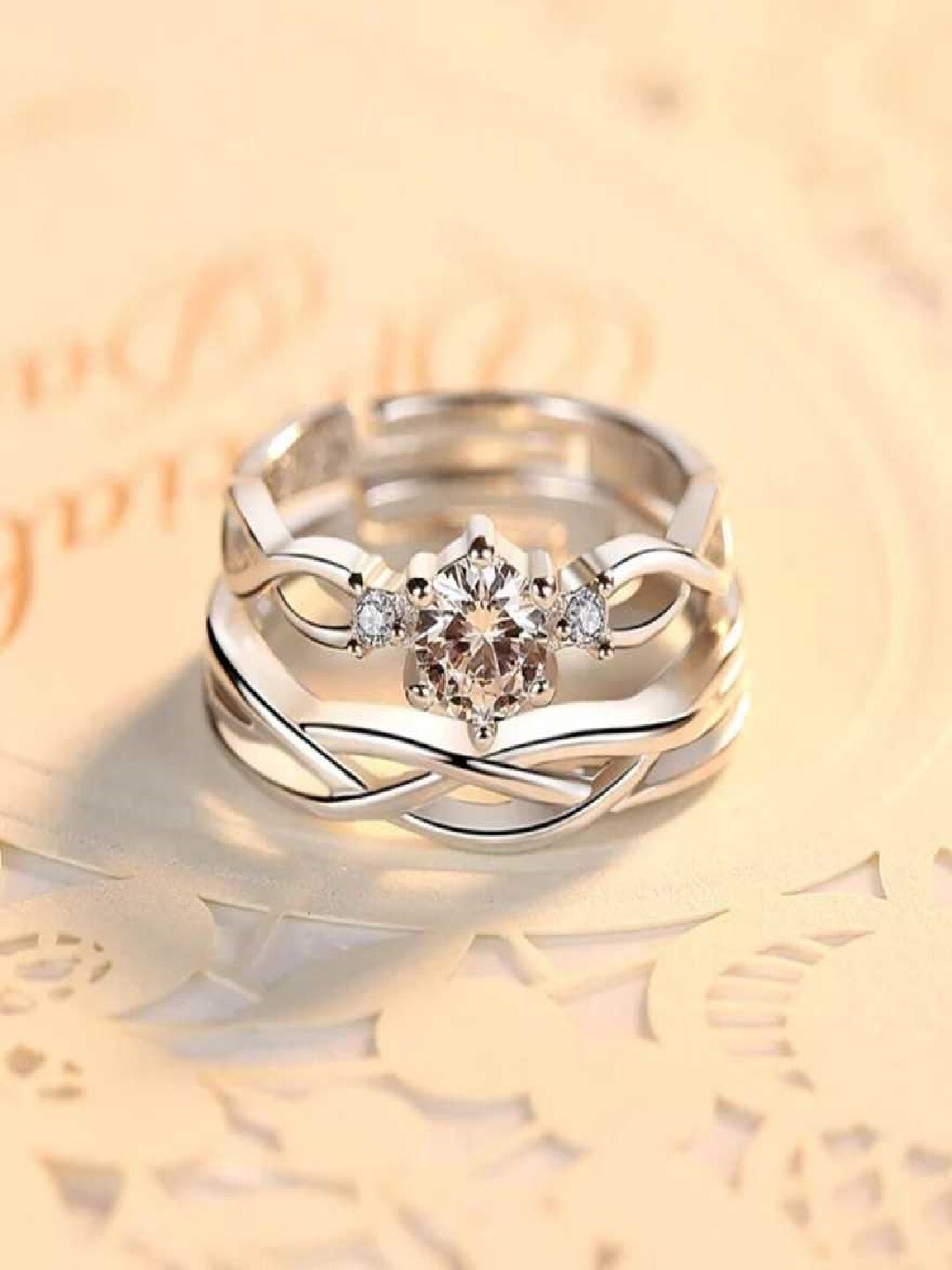 

Mahi Set Of 2 Rhodium-Plated Crystals-Studded Proposal Couple Finger Rings, Silver